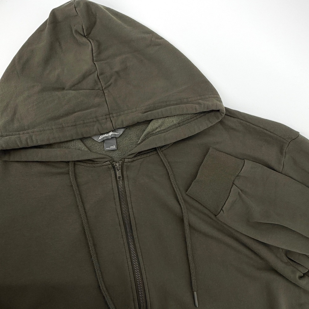 Eddie Bauer Full Zip Hoodie Mens Large Green Soft Fleece Lined 2383